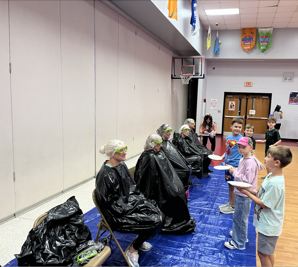 Image of 5 students pieing 5 third grade teachers. Teachers sitting in chairs on blue tarp. Students holding white plates with whip cream! 