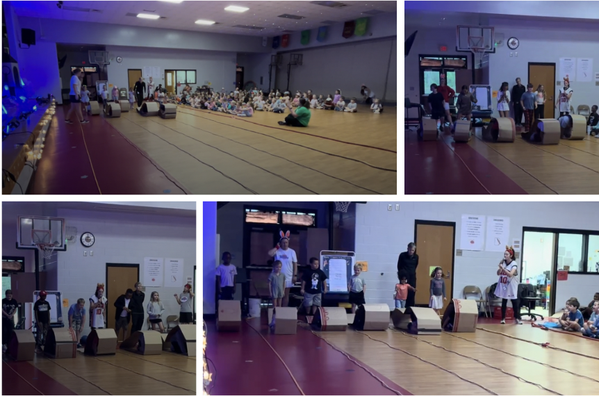4 images of students entering a "space rover race". Cardboard boxes were connected to make a big circle and students crawled to move the rover forward!