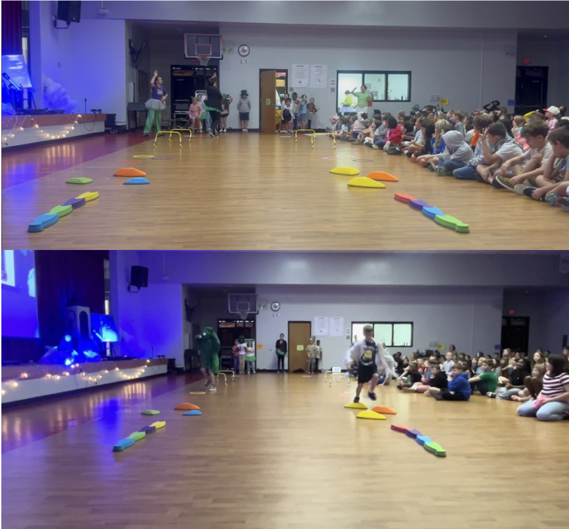 Two images in a collage of an obstacle course set up for students to race as alien versus astronauts. 