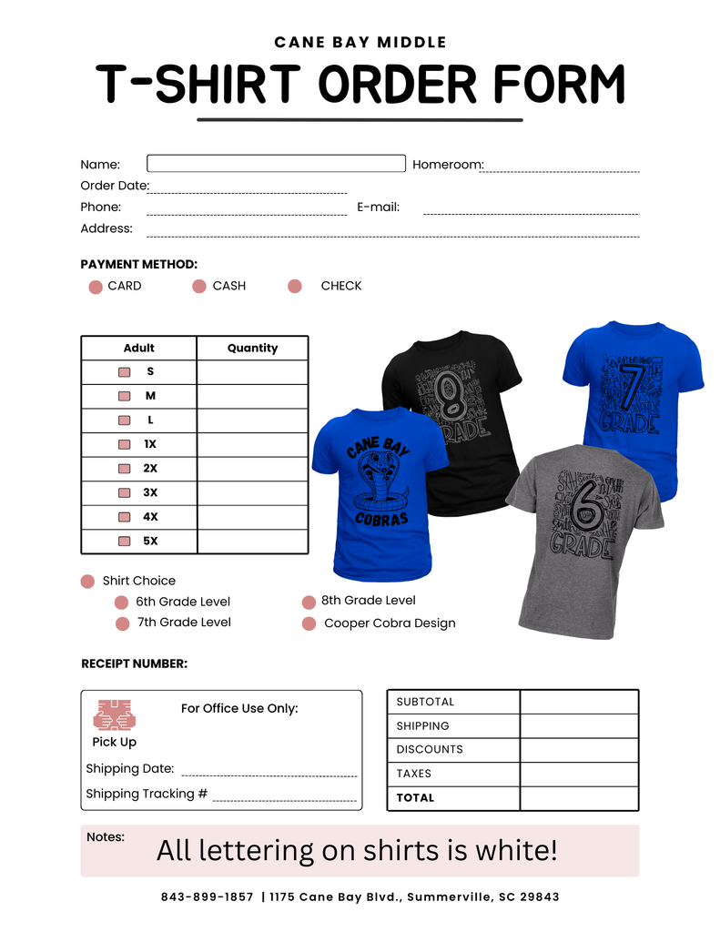 📣 Cane Bay Middle Families! If your student would like to purchase a grade-level shirt, we’ve got them available in the School Store most mornings from 7:35–8:05 a.m. 🎉 Don’t see the size you need? No problem! 👍 You can pick up an order form, fill it out, and return it to the front office to make sure your student gets the right fit. Show your Cobra pride and grab your grade-level shirt today! 🐍💙