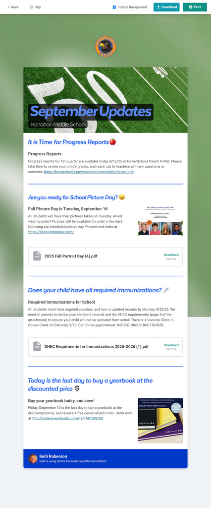 Progress Reports - 9/12/25, Picture Day - 9/16/25, Immunizations by 9/22/25, and Yearbook Ordering Info