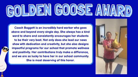 🌟🐓 Golden Goose Award 🐓🌟  Congratulations to Coach Baggett for receiving this week’s Golden Goose Award! 🎉  Coach Baggett is an incredibly hard worker who goes above and beyond every single day. She always has a kind word to share and encourages her students to be their very best. From leading our news show with creativity to designing impactful programs that promote wellness and positivity, her contributions make a true difference. 💙  We are so lucky to have her in our Cane Bay Middle School community—this honor is well deserved! 👏💛  #CobraPride #GoldenGooseAward #CaneBayStrong