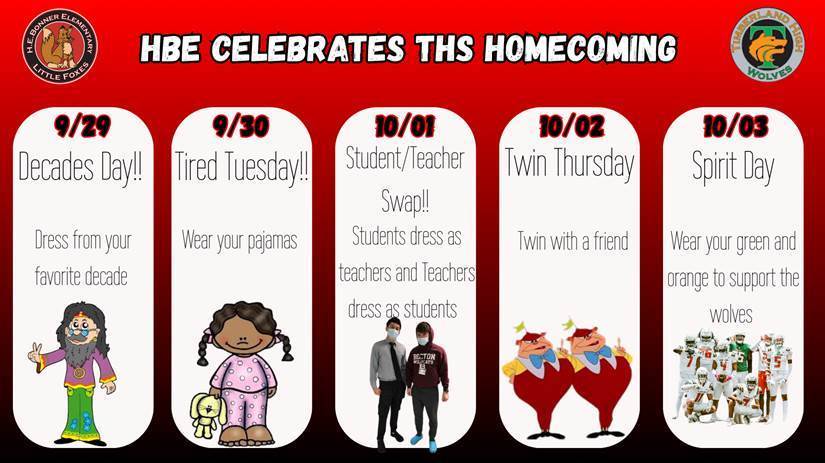 This image provides a breakdown of the dress up days to celebrate homecoming week for Timberland High school. Monday is decades day, tuesday is pajama day, wednesday is teacher student swap day, thursday is twin day, and on Friday students are encouraged to wear orange and green.