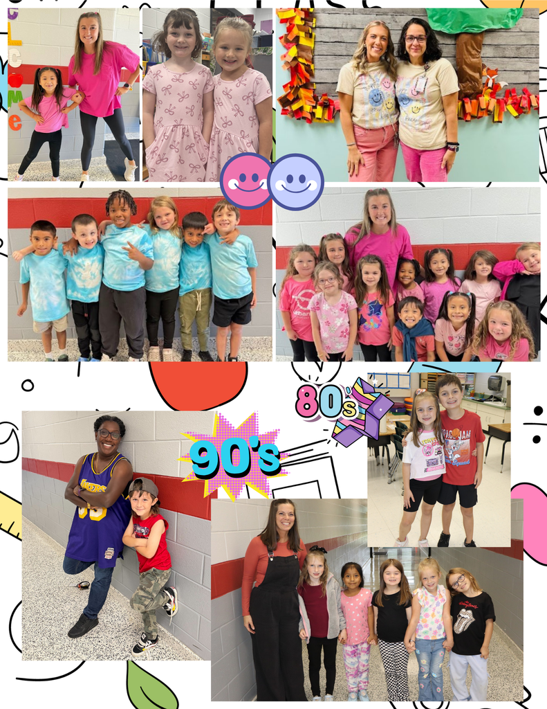 This is a collage of photos for our spirit week, pictures here include students and teachers dressed as twins and a few of our decades photos where students and teachers dressed up in outfits from the 80s and 90s.