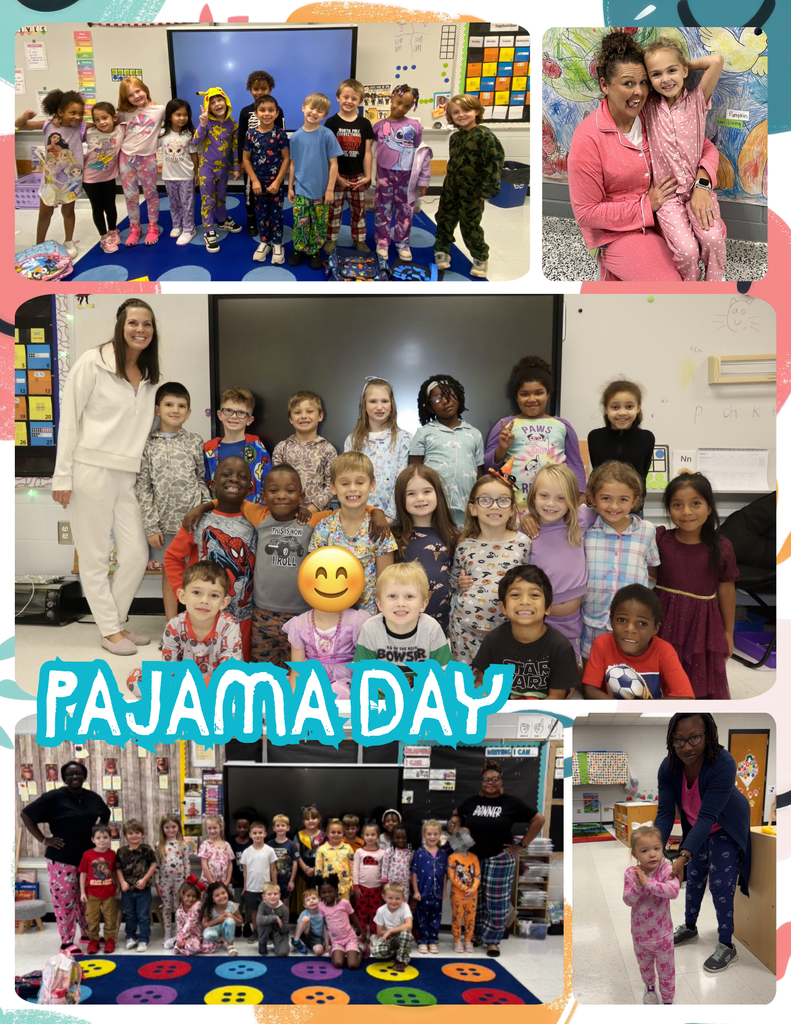 This collage includes 5 photos of our students dressed in the pajamas for pajama day.