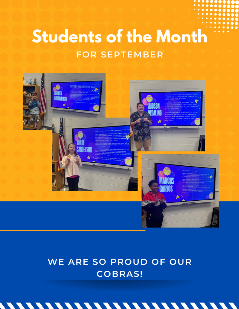 🌟 Congratulations to our September Students of the Month! 🌟 These outstanding Cobras were chosen for showing exceptional Respect, our character word for the month of September. They lead by example each day through their kindness, courtesy, and positive attitude toward others. We are so proud of these students and the way they represent Cane Bay Middle! 💙💛🐍 #CobraPride #StudentOfTheMonth #Respect #CaneBayMiddle