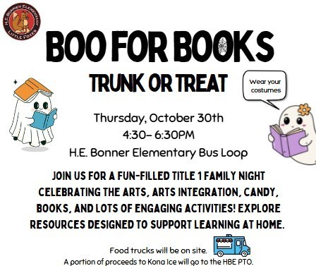 This picture includes a replica of the invite being sent home in Wednesday folders- ghosts with books and a explanation of the event being a truck or treat where students will  enjoy the arts, books, and take home engaging activities. 