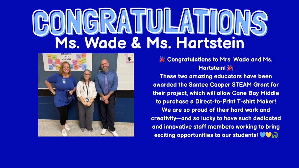 🎉 Big Congratulations to Mrs. Wade and Ms. Hartstein! 🎉 These two incredible educators have been awarded the Santee Cooper STEAM Grant for their amazing project, which will allow Cane Bay Middle to purchase a Direct-to-Print T-shirt Maker! 👕✨ We are so proud of their creativity, dedication, and commitment to bringing innovative opportunities to our students. Thank you for always going above and beyond for our Cobras! 💙💛🐍 #CobraPride #CaneBayMiddle #STEAMGrant #InnovationInAction