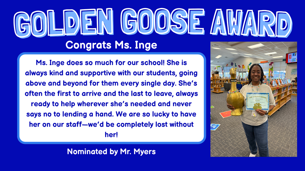 🌟 Congratulations to our Golden Goose recipient, Ms. Inge! 🌟 Mrs. Inge is more than just a member of our staff—she’s the heart and soul of Cane Bay Middle! 💙💛 She’s often the first to arrive and the last to leave, always going above and beyond to support our students and staff. Her dedication and care make a difference every single day. She’s kind, compassionate, and truly a ray of sunshine that brightens our halls. ☀️ We couldn’t imagine a day without her! You deserve so much more, Ms. Inge, but we are so proud to celebrate you as this week’s Golden Goose! 🐍💛 #CaneBayMiddle #GoldenGoose #CobraPride #StaffSpotlight