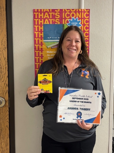 Ms. Tolbert is our Legend of the month. She has a gift certficate to Texas Roadhouse