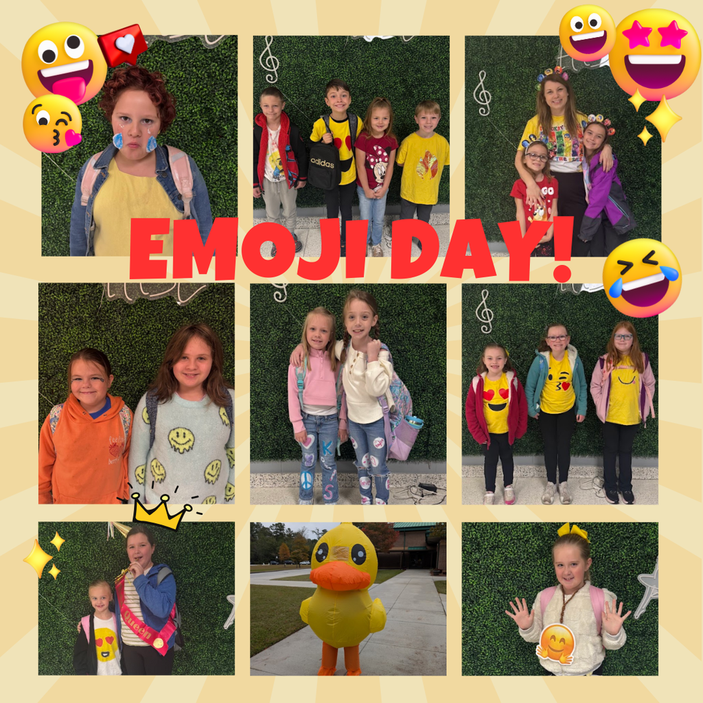 This is a collage of several pictures of students who dressed for emoji day. There are lots yellow shirts with emoji smiley faces, a rubber duck blow-up costume, and a picture of one student in the bottom left corner dressed as a birthday queen with a sash and birthday hat. 