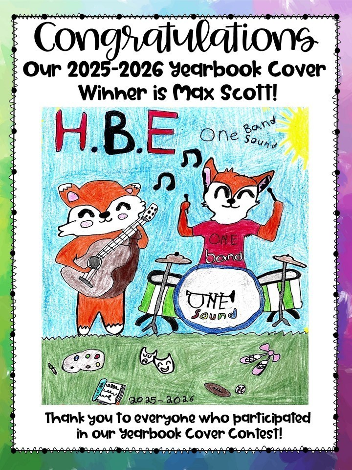 This is a picture of the yearbook cover with two foxes playing instruments, one playing a guitar and one playing the drums. Both foxes are drawn by an elementary student.