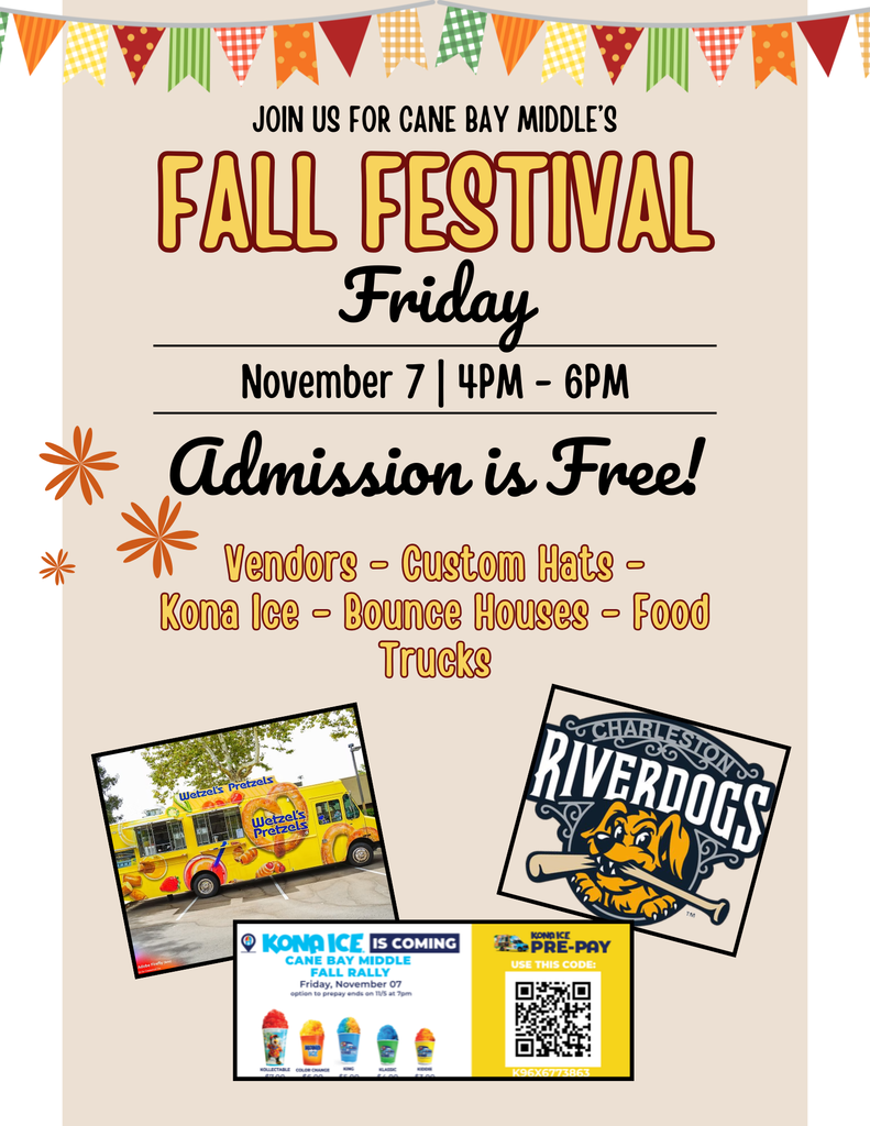 🎉 Fall Fest is This Friday! 🎉 Come join us for a fun-filled Fall Fest at Cane Bay Middle! 📅 Date: Friday, Nov. 7th ⏰ Time: 4:00 – 6:00 PM Here’s what’s happening: 🛍️ 18 Student Vendors & Community Vendors 🧢 Custom Hats – $15 (prepay or buy at the event, cash only) 🍧 Kona Ice – prepay available 🏰 Bounce Houses – $5 (cash only) Clubs represented: Renaissance, Cobrabots, HOSA, and StuCo Bring your friends and family for a great time of food, fun, and festivities! 💙💛🐍 #CobraPride #FallFest #StudentVendors #FunForAll