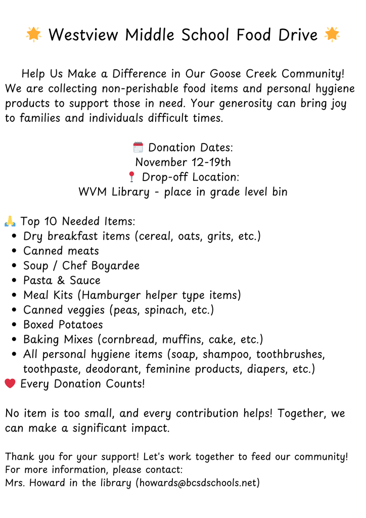Food Drive Collection at Westview Middle School has started!
