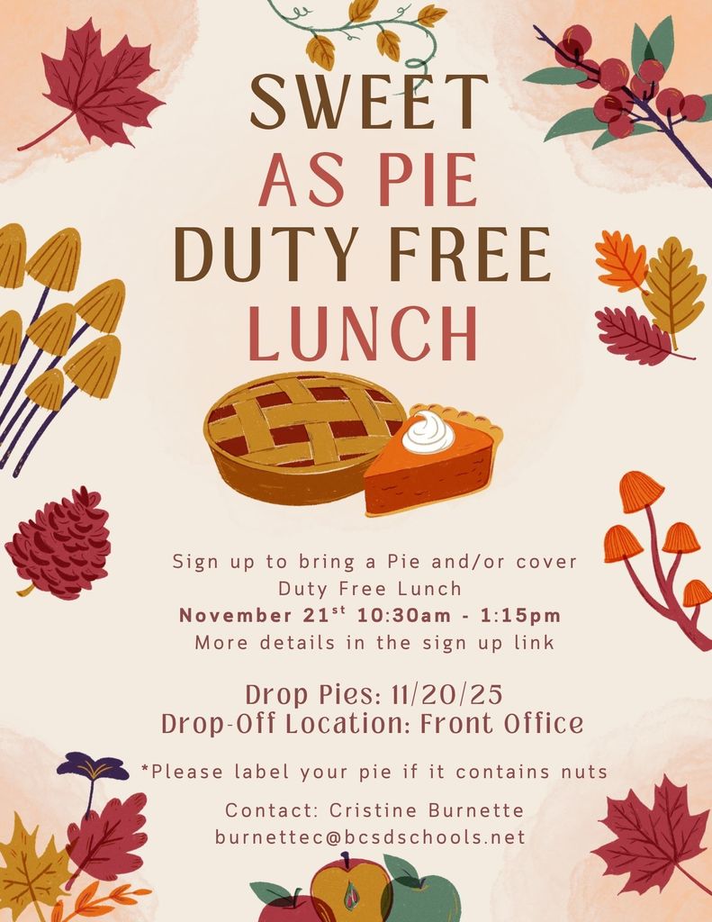 ane Bay Middle is celebrating our amazing teachers with a Sweet as Pie Duty-Free Lunch! 💛 We’re inviting families to donate a pie or volunteer to help cover lunch periods on Thursday, November 21 (10:30 AM – 1:15 PM) so our teachers can enjoy a well-deserved break.