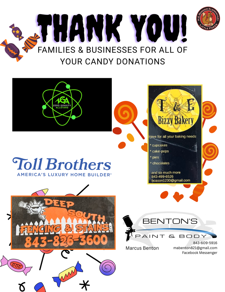 Poster madde for families and businesses that donated candy for the event. Businesses listed includes business cards. 
