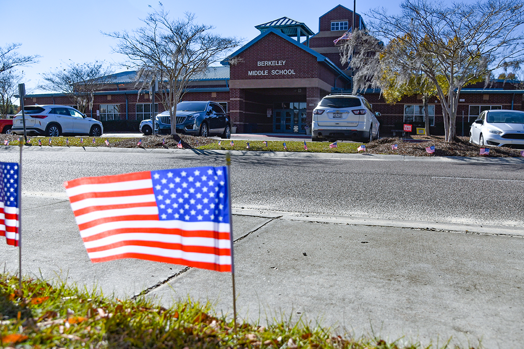 flags in front of Berkeley Middle