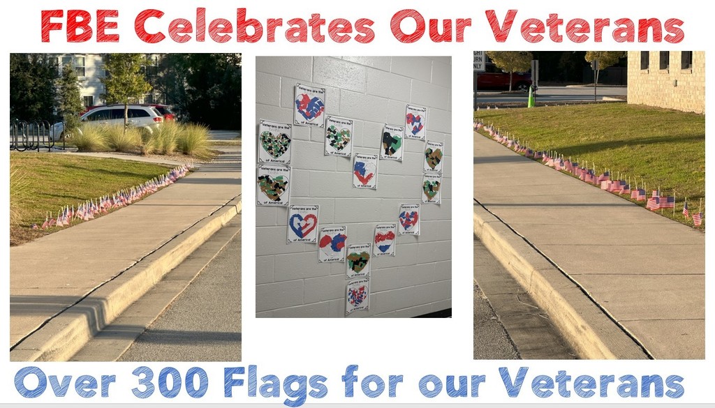 American Flags in front of the School and Heart Art for Veterans