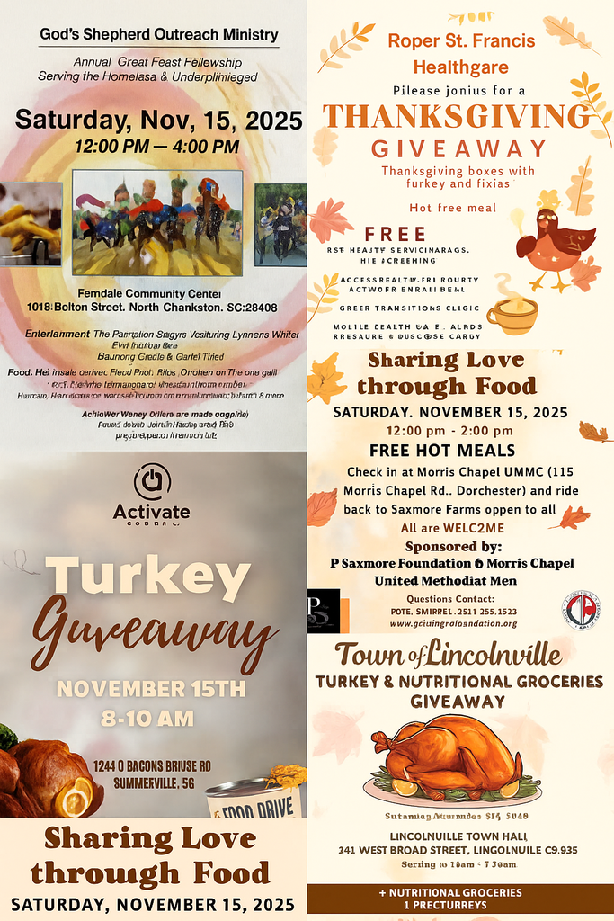 💛🧡 COMMUNITY THANKSGIVING RESOURCES – SATURDAY, NOVEMBER 15, 2025 🧡💛 Looking for free meals, giveaways, or Thanksgiving support? Several local organizations are hosting incredible community events on Saturday, November 15th. Please see the opportunities below and share with anyone who may benefit!