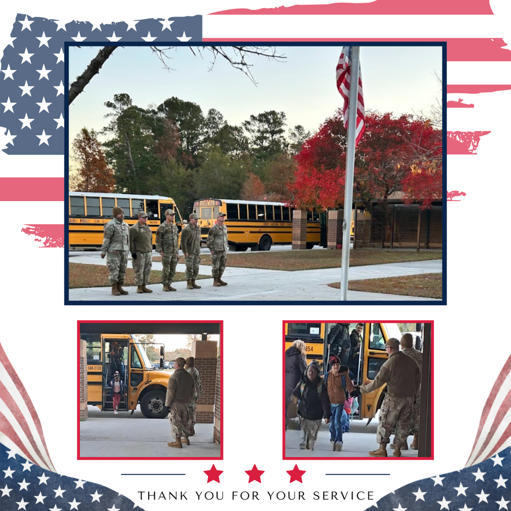 This graphic includes 3 images for our veterans day welcome. The first top image is of five soldiers saluting the American flag. The bottom two pictures are of two of the soldiers helping students off the school bus and giving high fives as they arrive.