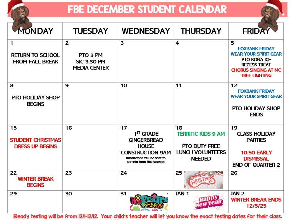 CALENDAR DATES FOR DECEMBER