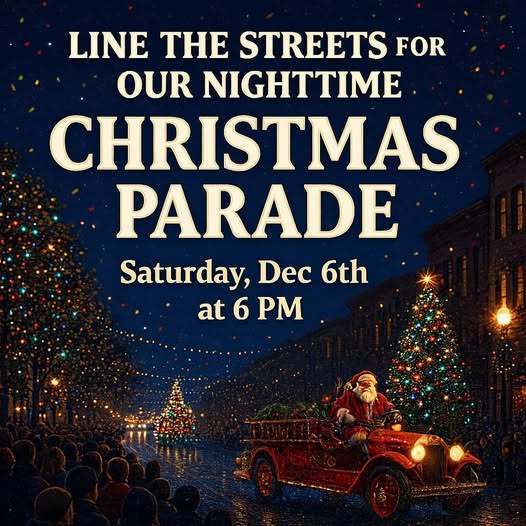 Decorative event poster reading: “MONCKS CORNER NIGHTTIME CHRISTMAS PARADE — December 6, 2025 at 6:00 pm.”