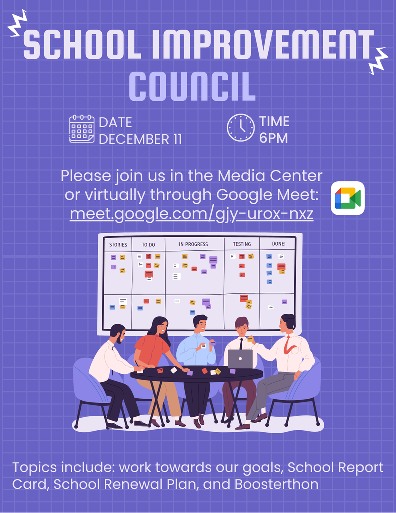 Dear Cane Bay Middle families and community members,  We invite you to join us for our upcoming School Improvement Council (SIC) Meeting on Wednesday, December 11 at 6:00 PM.  📍 Location: Media Center 💻 Virtual Option: Join via Google Meet Link: https://meet.google.com/gjy-urox-nxz  During this meeting, we will discuss: • Progress toward our school goals • School Report Card • School Renewal Plan • Boosterthon updates  Your input and involvement are incredibly valuable as we continue working together to support our students and school community.  We hope to see you there—either in person or online!  Warm regards, Cane Bay Middle School
