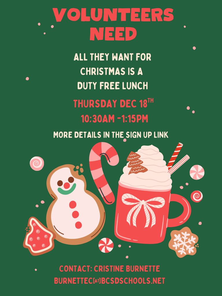 🎄💙 Parent Volunteers Needed – Help Give Our Teachers a Duty-Free Lunch! 💙🎄  Cane Bay Middle parents and guardians, we need your help! On Thursday, December 18th, we’re providing our amazing teachers with a duty-free lunch, and we’re looking for volunteers to help supervise students so they can enjoy a well-deserved break.  ✅ Assist in the cafeteria and/or team time areas ✅ Volunteer for one lunch period or stay for multiple ✅ Support our teachers during this busy holiday season  If you’re able to help, please sign up . Thank you for all you do to support our Cobras! 🐍💛 #CobraPride #DutyFreeLunch #CaneBayMiddle