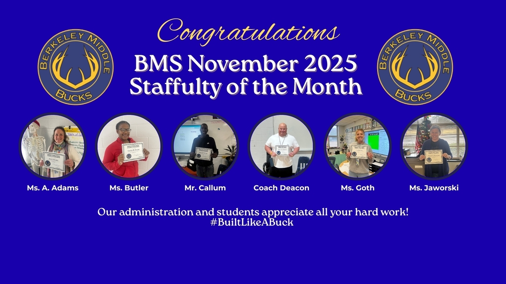 Congratulations to the November Staffulty of the Month! Ms. Adams, Ms. Butler, Mr. Callum, Coach Deacon, Ms. Goth, and Ms. Jaworski. Our administration and students appreciate all your hard work. 