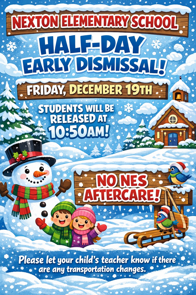 Early Dismissal on Friday, December 19th at 10:50am. Please inform your teacher if there are any tranportation changes. 