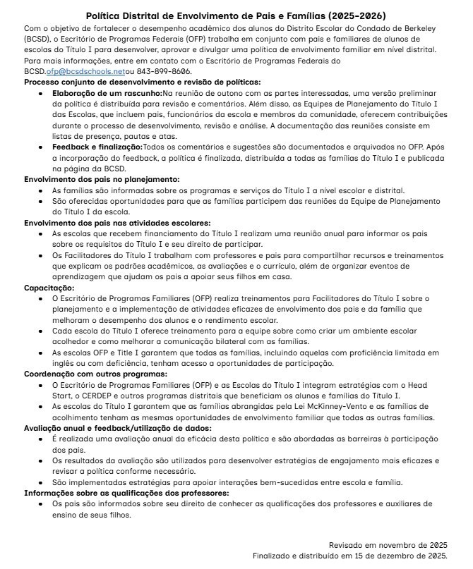 Portuguese Final 25-26 District Parent and Family Engagement Policy