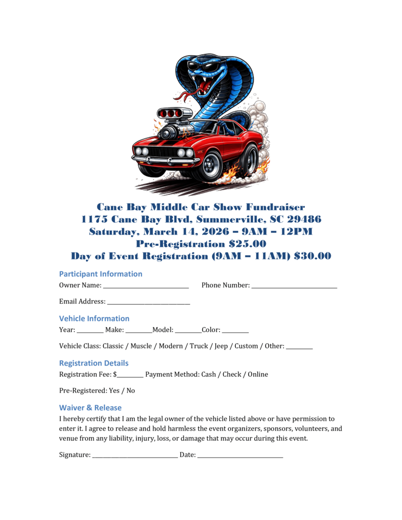 🚗✨ Cane Bay Middle Car Show Fundraiser ✨🚗 Start your engines and join us on Saturday, March 14th from 9:00 AM – 12:00 PM for an exciting morning of cars, music, and community fun—all for a great cause! 🔧 Registration: • Pre-registration: $25 • Day-of registration: $30 🍔 What to expect: • Amazing cars of all styles • Food trucks • Music • Raffles for registered car show participants 🏆 Trophies awarded for: • Best in Show • Best Classic (1965–1985) • Best Muscle Car • Best Jeep • Best Modern (1986–2026) • Best Sports Car Whether you’re showing off your ride or just coming to admire them, this is an event you don’t want to miss. Bring the family, support Cane Bay Middle, and enjoy a great day! 🚘🎉 👉 Tag a car lover and spread the word!