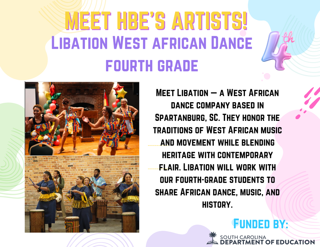 Poster titled "MEET HBE'S ARTISTS!" Focal heading reads "LIBATION WEST AFRICAN DANCE — 4th GRADE." Body text: "Meet Libation — a West African dance company based in Spartanburg, SC. They honor the traditions of West African music and movement while blending heritage with contemporary flair. Libation will work with our fourth‑grade students to share African dance, music, and history." Footer notes the program is funded by the South Carolina Department of Education.