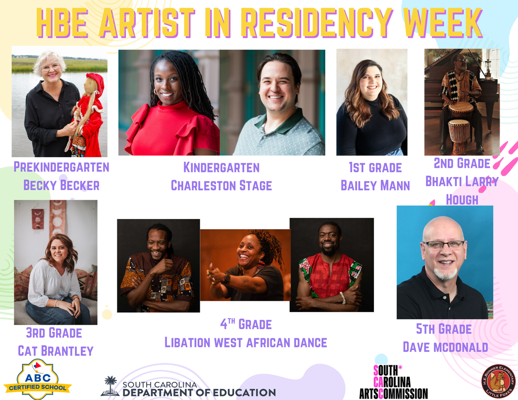 Poster titled "HBE ARTIST IN RESIDENCY WEEK" listing grade-level artist assignments and funders. Entries read: Prekindergarten — Becky Becker; Kindergarten — Charleston Stage; 1st Grade — Bailey Mann; 2nd Grade — Bhakti Larry and Hough; 3rd Grade — Cat Brantley; 4th Grade — Libation West African Dance; 5th Grade — Dave McDonald. Footer lists partners and funders: ABC Certified School; South Carolina Department of Education; South Carolina Arts Commission; H.B. Bonner Elementary Little Foxes.