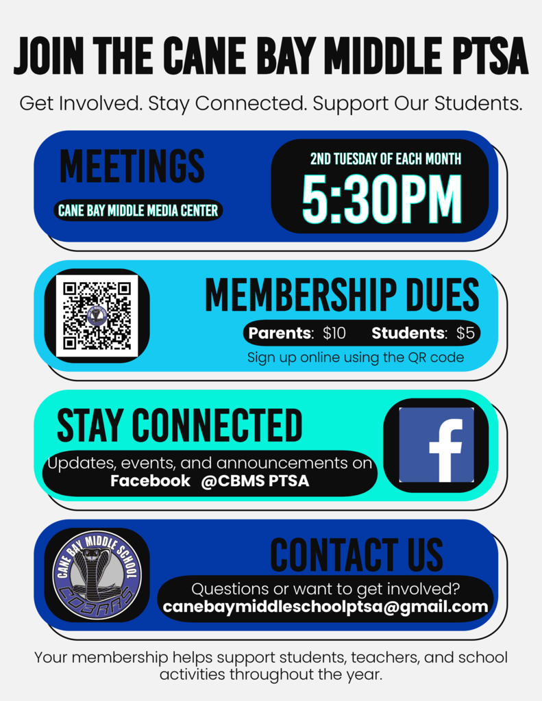 📣 Calling All Cane Bay Middle Families! 🐍 Parents and students who are interested in being a part of Cane Bay Middle School’s PTSA are invited to get involved! Please see the attached information for: •	📅 Upcoming meeting dates •	💲 Membership dues •	📲 Ways to stay connected •	📧 Contact information We would love for you to join us and help support our students, staff, and school community! 💙