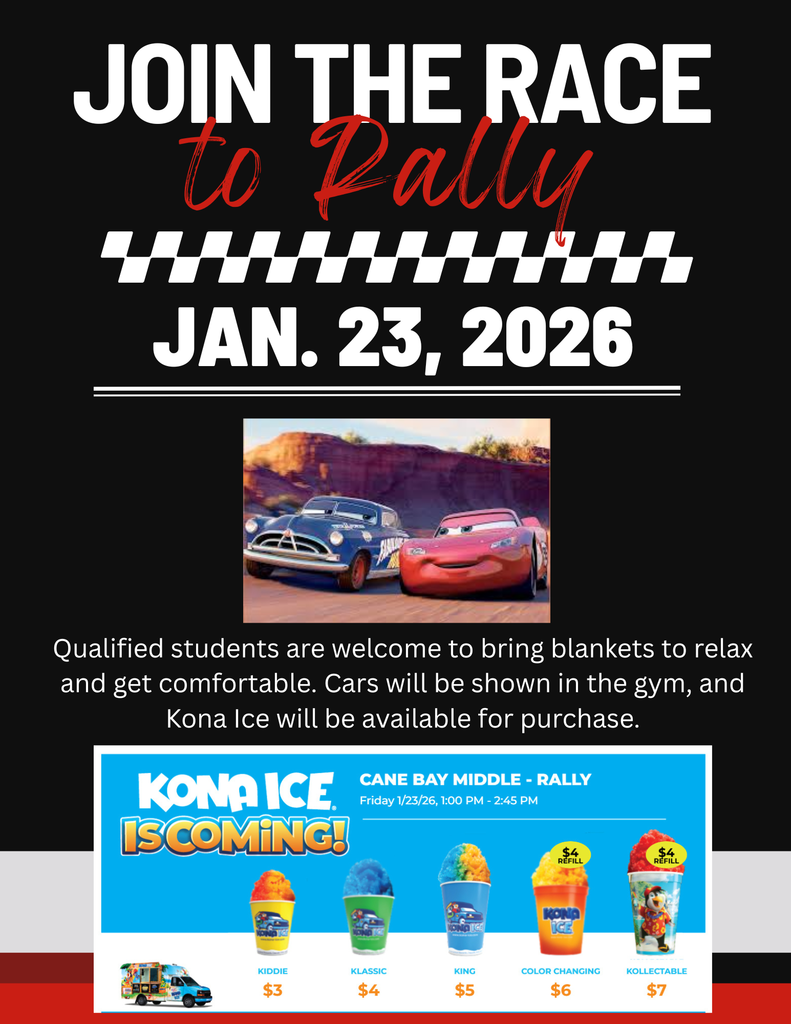 🏁🏎️ Join the Race to Rally! 🏁🏎️ We’re excited to celebrate our students with a Renaissance Rally on 📅 Friday, January 23, 2026! 🎟️ Attendance is by qualification only. Students must meet Renaissance Rally qualifiers in order to attend. 🎬 Cars will be shown in the gym, and qualified students are welcome to bring blankets to relax and get comfortable during the event. 🍧 Kona Ice will be on campus and available for purchase during the rally: • Kiddie – $3 • Klassic – $4 • King – $5 • Color-Changing – $6 • Kollectable – $7 This will be a fun, high-energy reward celebration for students who meet the criteria. Additional details will be shared directly with qualifying students. Let’s race to rally! 🏁🐍