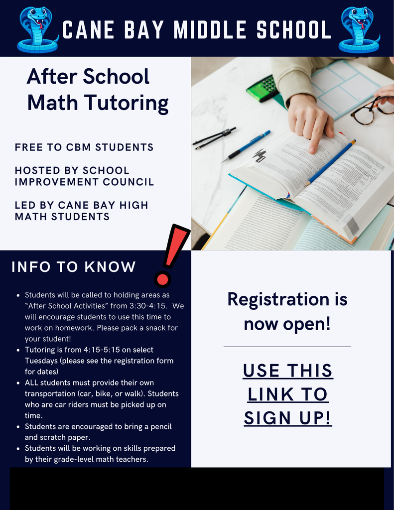 We’re excited to announce that after-school math tutoring is starting in February! 🎉➗ This program is hosted by our School Improvement Council and led by Cane Bay High School students, giving our middle schoolers extra support and encouragement in math. 🔢 What to expect: • Small-group tutoring focused on math skills created by grade-level teachers • A supportive environment to build confidence and understanding • Built-in time for homework help 📚✏️ 📅 When: Tutoring begins February 3 and will be held on select Tuesdays from 4:14–5:15 PM ⏰ After school plan: Registered students will remain at CBM from 3:05–4:15 PM in a supervised holding area—perfect for completing homework before tutoring begins! This is a fantastic opportunity to strengthen math skills and set students up for success! 🌟 👉 Please see the flyer and use the registration link for more details and to sign up. Please reach out to Ms. Krietemeyer (krietemeyerh@bcsdschools.net) with any questions 😊