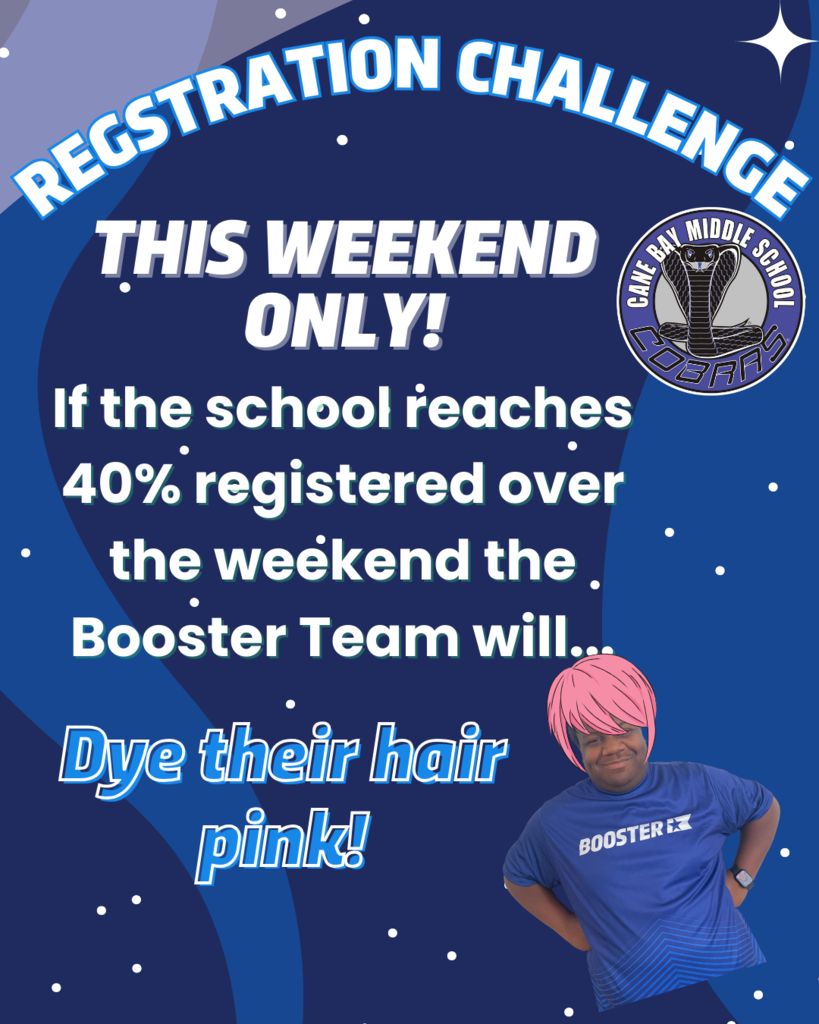 🚀Weekend Challenge: Help Us Reach Our Fundraising Goal! Dear Cane Bay Middle Families, Who’s ready for a weekend challenge?!🙋♀️ Who’s ready for a weekend challenge?! 🙋♀️ Get a Chick-fila Gift Card this Weekend Only and all you have to do is be one of the Top 5 donating students over the weekend. Good luck! Help us reach our 25,000 for Improvements to outdoor and team time areas ⬇️ 1. SIGN UP your student(s) on MyBooster.com today. 2. SHARE with your family/friends using the SHARE tools on MyBooster.com. 3. GIVE a donation. We’re currently at $2,636 towards our goal of $25,000. Every donation counts and brings us closer to Improvements to outdoor and team time areas! Reminder: Our big Cane Bay Middle Color Run is coming up on 1/30! We can’t wait to celebrate with you. Thank you again for supporting our school! Let's make this weekend a huge success!