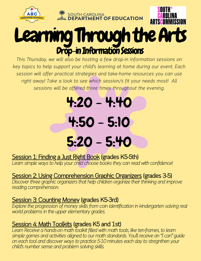 "Learning Through the Arts drop-in information sessions flyer featuring ABC Certified School, South Carolina Department of Education, and South Carolina Arts Commission logos. Lists four educational sessions offered three times each (4:20-4:40, 4:50-5:10, 5:20-5:40): Session 1 - Finding a Just Right Book for grades K-5, Session 2 - Using Comprehension Graphic Organizers for grades 3-5, Session 3 - Counting Money for grades K-3, and Session 4 - Math Toolkits for grades K-1. Each session includes brief descriptions of practical strategies and take-home resources for supporting children's learning at home."