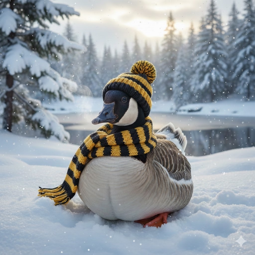 Canada Goose with Yellow and Black Hat and Scarf, Sitting Cozily in a winter scene