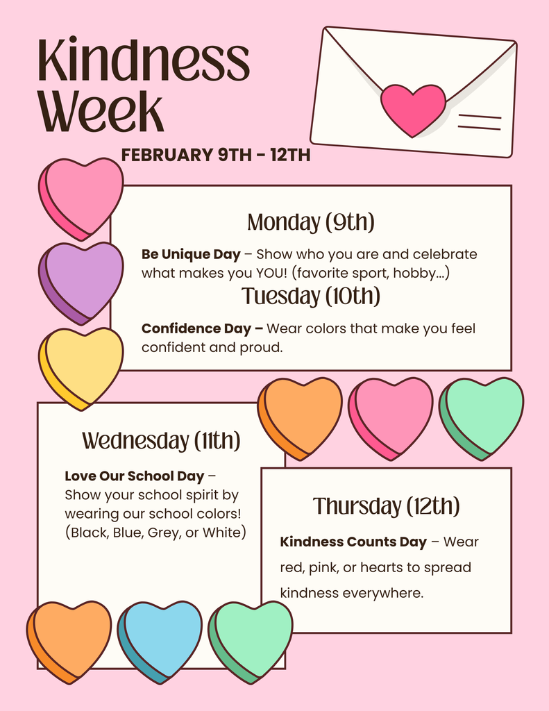 💙 Kindness Week at Cane Bay Middle School! 💙 We’re celebrating kindness, confidence, and school spirit with a fun week of dress-up days! Join us in spreading positivity and showing what makes our Cobra community so special. 🐍 ✨ Be Unique Day – Show who you are and celebrate what makes you YOU! 🎨 Confidence Day – Wear colors that make you feel confident and proud. 💚 Love Our School Day – Show your Cobra pride by wearing our school colors! ❤️ Kindness Counts Day – Wear red, pink, or hearts to spread kindness everywhere. Let’s come together to lift each other up and make this a great week at Cane Bay Middle! #KindnessWeek #CobraPride #BeKind #CaneBayMiddle 🐍💙