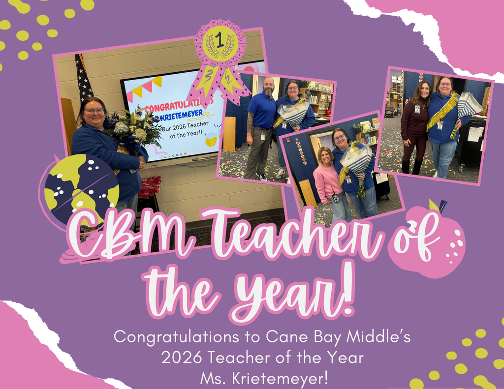 Congratulations to Our 2026 Teacher of the Year, Ms. Krietemeyer!  We are so proud to recognize Ms. Krietemeyer as our 2026 Teacher of the Year! This honor reflects her dedication, passion, and the countless ways she goes above and beyond for her students and our school. Her hard work, leadership, and commitment to excellence do not go unnoticed, and we are grateful for the positive impact she makes every day. We are truly lucky to have such an outstanding educator at Cane Bay Middle School—congratulations, Ms. Krietemeyer! 💙📚