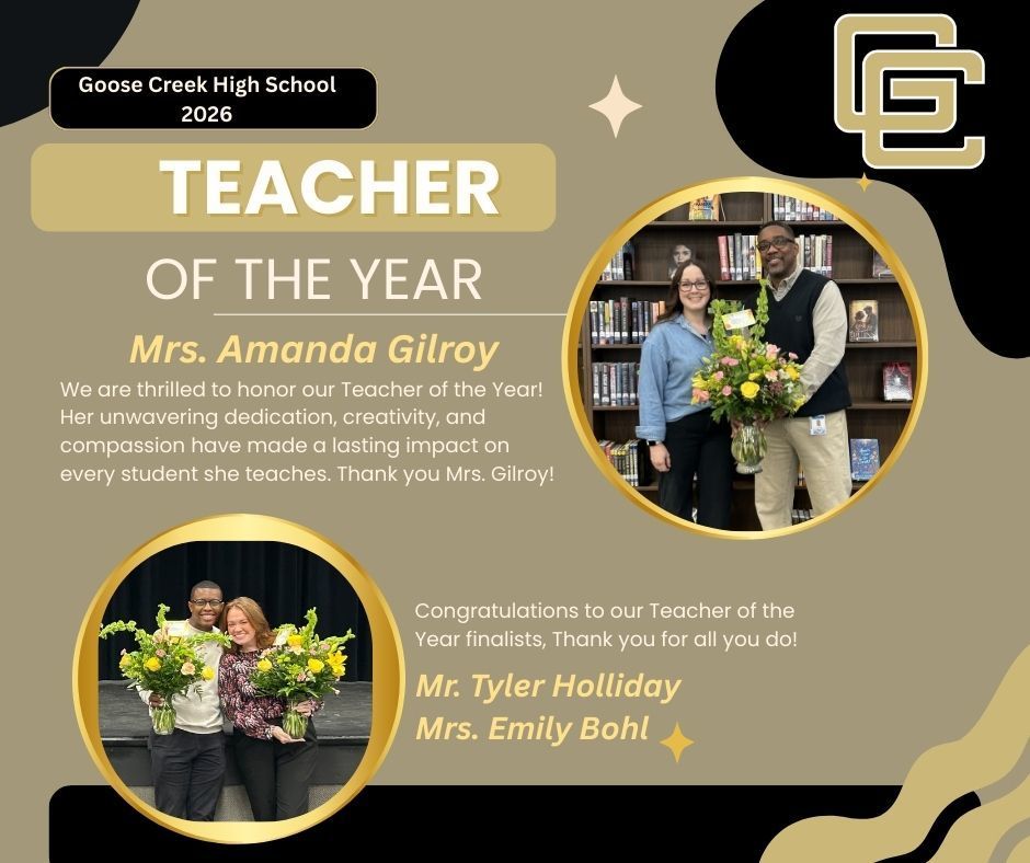 Congratulations to our 2026 Teacher of the Year, Mrs. Amanda Gilroy and congrtulations to our 2026 finalists Mr. Tyler Holliday and Mrs. Emily Bohl