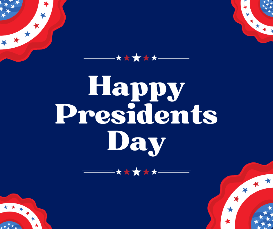 "Happy Presidents Day" written in white on a blue background