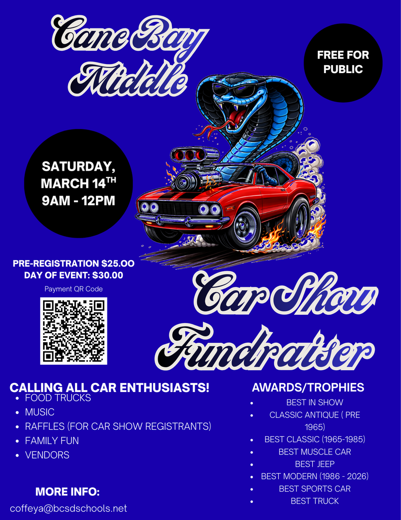 🚗🔥 CALLING ALL CARS & VENDORS! 🔥🚗 It’s time to shine, Cane Bay! 🌟 The Cane Bay Middle School Car Show Fundraiser is revving up, and we NEED amazing cars and awesome vendors to make this event unforgettable! 🏁 Show off your ride! Classic, muscle, Jeep, truck, Corvette, Mustang, Camaro — if it turns heads, we want it there! 🛍️ Vendors Wanted! Small businesses, crafts, merch — come showcase what you offer to our incredible community! 📅 Saturday, March 14 ⏰ 9:00 AM – 12:00 PM 📍 Cane Bay Middle School 💲 Car Registration: Pre-Registration: $25 Day Of Registration: $30 💲 Vendor Registration: $20 All proceeds support improvements to our Team Time (recess) field — helping us create better spaces for our students to play, connect, and grow. ❤️ Spots fill quickly — don’t wait! 👉 Register here: https://events.hometownticketing.com/boxoffice/bcsdschools/L2VtYmVkL2V2ZW50LzQ5NDI Let’s pack the lot, support our school, and make some noise for a great cause! 🚘🎶 #CBMCarShow #SupportOurStudents #ShowYourRide #CommunityStrong