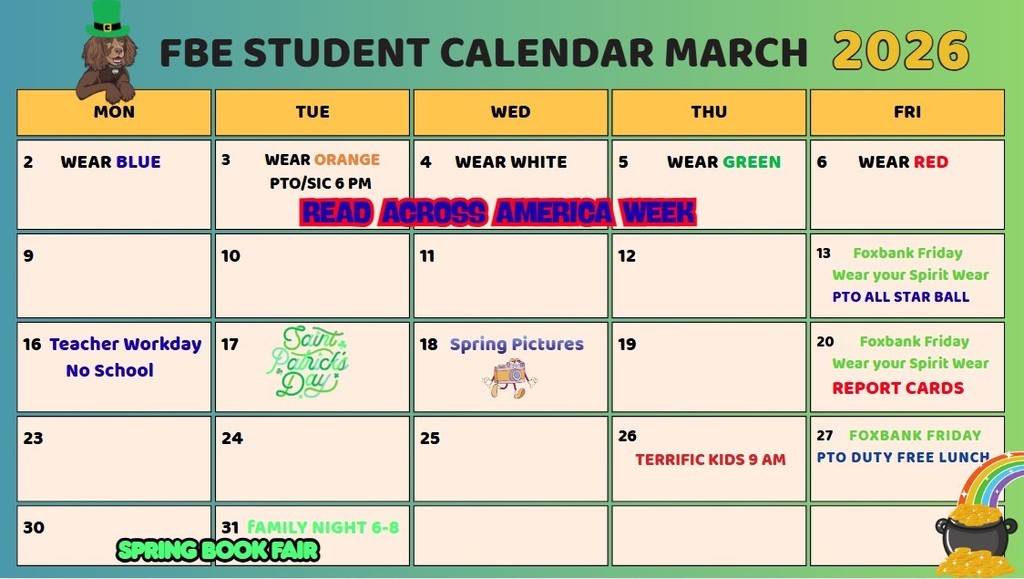 DATES FOR MARCH STUDENT CALENDAR