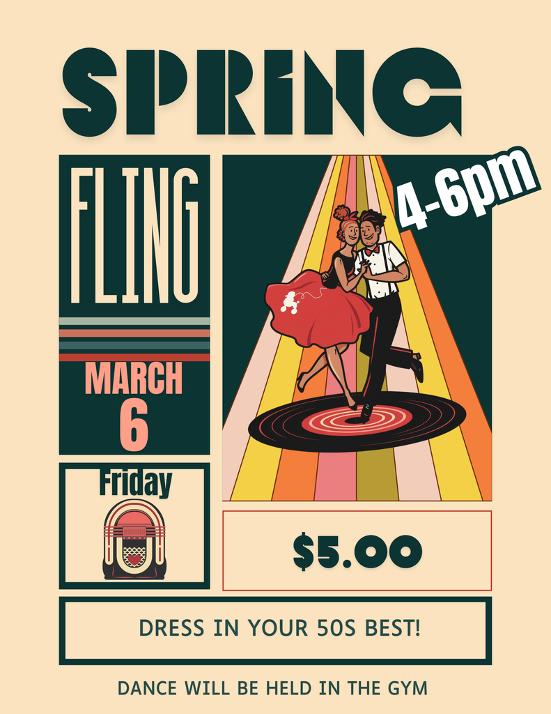 🎉 Spring Fling Dance – This Friday! 🎉 The Spring Fling is happening this Friday from 4:00–6:00 PM in the gym! If you’d like to purchase a ticket: • Morning Sales: Commons, 7:35–8:05 AM • At the Door: Tickets will also be available the day of the dance Don’t miss out on the fun! 🕺💃