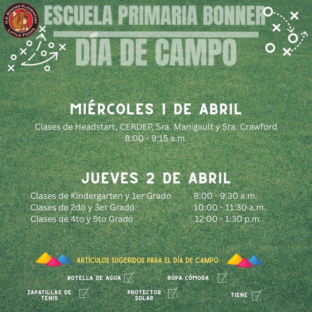 Cartel del Día de Campo de la Escuela Primaria Bonner. Miércoles 1 de abril: Clases de Headstart, CERDEP, Sra. Manigault y Sra. Crawford de 8:00 a 9:15 a.m. Jueves 2 de abril: Clases de Kindergarten y 1er Grado de 8:00 a 9:30 a.m., Clases de 2do y 3er Grado de 10:00 a 11:30 a.m., Clases de 4to y 5to Grado de 12:00 a 1:30 p.m. Artículos sugeridos: botella de agua, ropa cómoda, zapatillas de tenis, protector solar y sombrero. El cartel tiene un fondo verde texturizado como campo deportivo, el logo de Little Foxes con una ilustración de zorro en la esquina superior izquierda, diagramas de juego en líneas blancas, y triángulos decorativos en amarillo, magenta y azul.