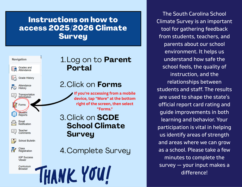 📢 We Need Your Feedback! 📢 The South Carolina School Climate Survey is an essential tool for gathering input from students, teachers, and parents about our school environment. It helps us understand how safe the school feels, the quality of instruction, and the relationships between students and staff. The results play a key role in shaping the state’s official report card rating and guiding improvements in both learning and behavior. Your participation is vital in helping us recognize our strengths and identify areas where we can grow as a school. Please take a few minutes to complete the survey — your input truly makes a difference! 🙏💬 #SchoolClimate #ParentFeedback #CommunitySupport #MakingADifference