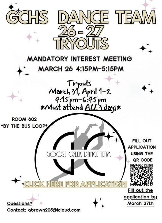 GCH Dance Team 26-27 Tryouts; Mandatory Interest Meeting March 26 4:15PM-5:15PM. Tryouts March 31, April 1, April 2 from 4:15pm-6:45PM